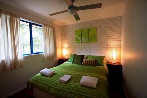拜伦湾Byron Bay Accom Unit 3 41 Childe Street - Belongil Beach Apartment的一间卧室配有带两个枕头的绿色床