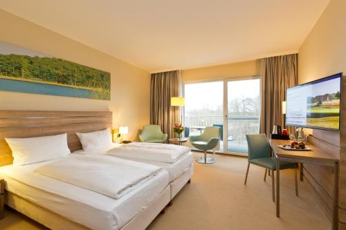 格赫伦-莱宾Seehotel Fleesensee的酒店客房配有一张床、一张书桌和一台电视。