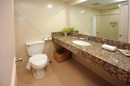 达沃市热带酒店的一间带卫生间、水槽和镜子的浴室