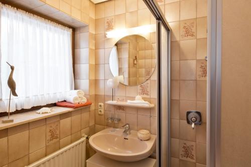 巴特维尔东根金培尔旅馆的一间带水槽和镜子的浴室