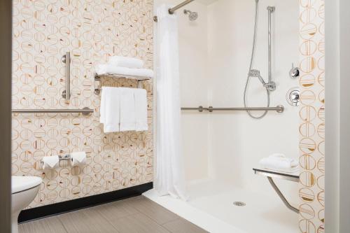 塞勒姆塞勒姆假日酒店的带淋浴、卫生间和盥洗盆的浴室