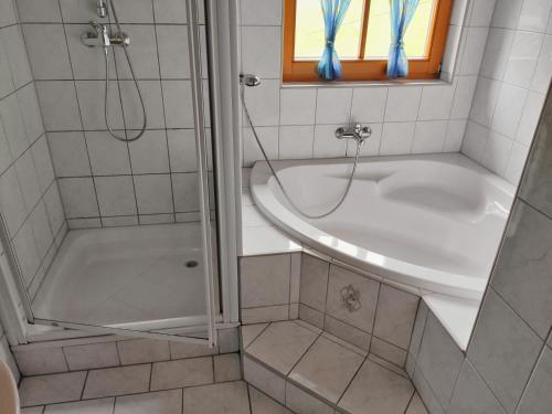 Ebene ReichenauGästehaus Laßnig的带淋浴、浴缸和盥洗盆的浴室