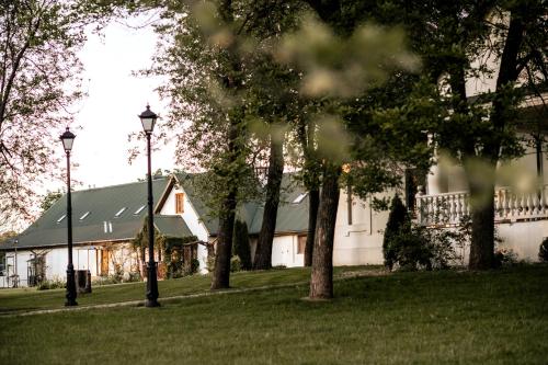 谢德尔采Dwór Mościbrody的草上两盏路灯的白色房子