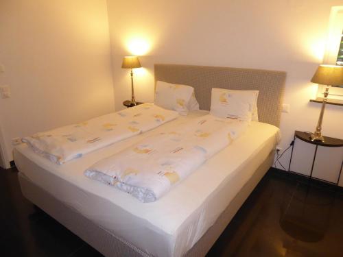 泰格维伦Rheinblick Résidence的卧室配有一张带白色床单和枕头的大床。