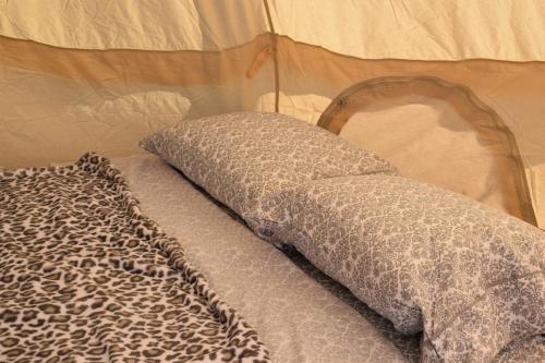 胡尔伯克Starlight Tent 1的床上的豹纹毯子和枕头