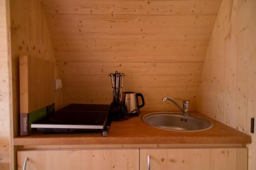 克勒珀林Ferien im Naturwagen Pod 3的厨房柜台设有水槽和搅拌机