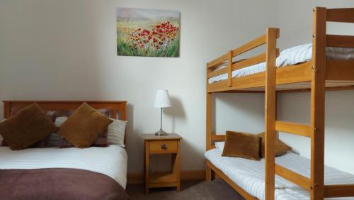 赫姆斯代尔Helmsdale Lodge Hostel - all rooms en-suite的一间卧室设有两张双层床和梯子