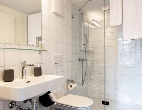 LaufenburgHaus am Schlossberg的白色的浴室设有水槽和卫生间。