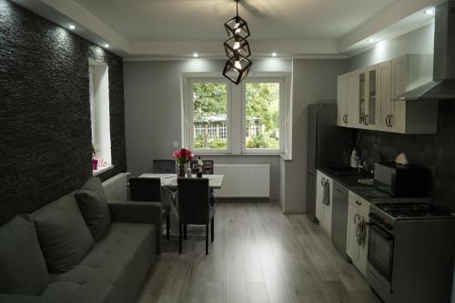 希维拉杜夫-兹德鲁伊Apartament Górski Raj的厨房以及带沙发和桌子的客厅。