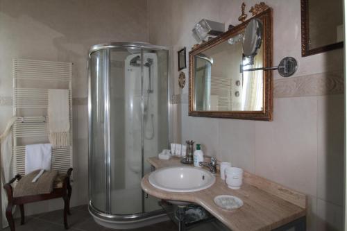 圣罗科阿费力La Villa dei Fiori的带淋浴、盥洗盆和镜子的浴室