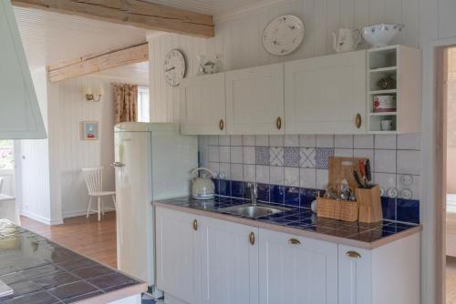 凯尔德拉卢斯城市度假屋的厨房配有白色橱柜和水槽