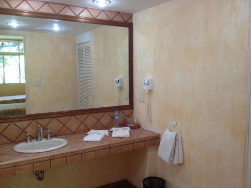 Santo Domingo TehuantepecHotel Calli的一间带水槽和大镜子的浴室
