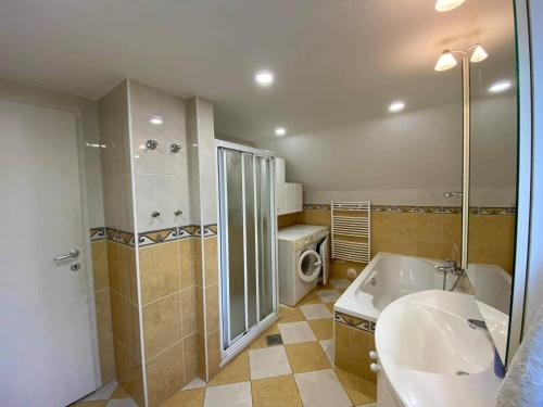 克拉尼Apartment Kranj - huge terrace, free P, WI - FI, AC的带浴缸、水槽和淋浴的浴室