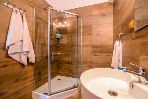 锡吉什瓦拉ATRIUM 24 Suite的一间带玻璃淋浴和水槽的浴室