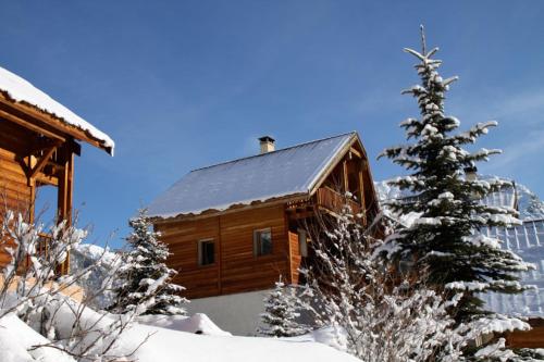 内瓦什Le Sorè Hameau des Chazals Nevache Hautes Alpes的雪地中的小木屋,有圣诞树