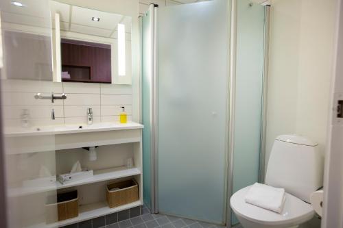 福堡福堡峡湾酒店的带淋浴、卫生间和盥洗盆的浴室