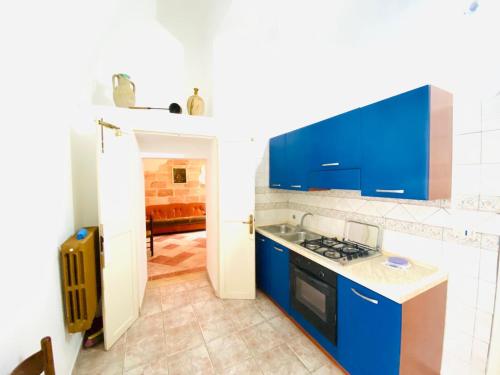 卡斯特里尼亚诺德尔卡波Corte Maggiore的厨房配有蓝色橱柜和炉灶烤箱。