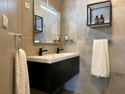 格罗宁根Het Hoekje - 2 bedroom family friendly city home的一间带水槽和镜子的浴室