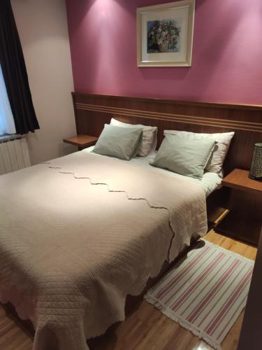 拉斯托瓦卡比芭利昂娜旅馆的一间卧室配有一张大床和紫色墙壁