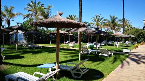 马贝拉Skol 235B by Completely Marbella的一群椅子和遮阳伞在草地上