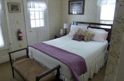 北康威云杉驼鹿住宿加早餐旅馆的一间卧室配有一张大床和紫色毯子