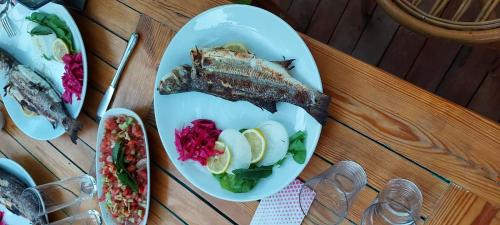 梅苏迪耶镇Bahar Bahce Datca的桌上的一盘鱼和蔬菜