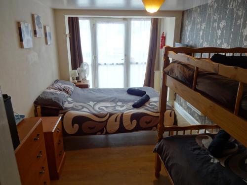 英戈尔德梅尔斯Travellers Rest Motel的一间卧室设有两张双层床和一扇窗户。