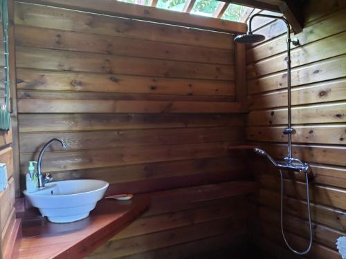 圣克洛德Les Bananes Vertes的带浴缸和盥洗盆的浴室