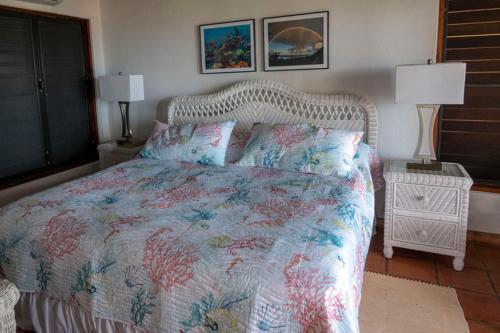 维尔京戈尔达岛VILLA DEL SOLE的一间卧室配有一张带花卉床罩和两盏灯的床。