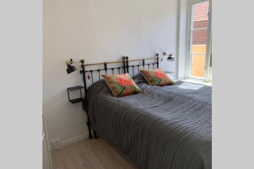 斯泰厄Lejlighed på Torvet i Stege的一间卧室配有带两个枕头的床和窗户
