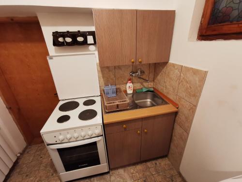 瓦列沃Apartments Domaćinstvo Nikolić的小厨房配有炉灶和水槽