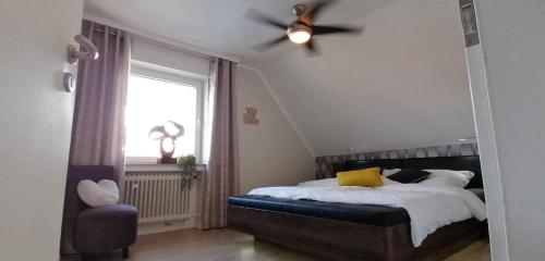 埃姆斯代滕Fewo Wichtrup的一间卧室配有一张床和吊扇