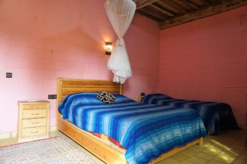 TamgroutParadise in the desert of Morocco的一间卧室设有两张床、一个梳妆台和粉红色的墙壁。