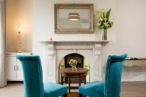 拉思加尔No 9 Rathgar的客厅配有2把蓝色椅子和壁炉