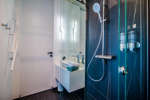 奥尔什丁Apartament WIDOK的带淋浴的浴室和玻璃门