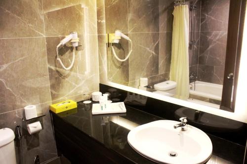 秾莎巴塔姆海景假日酒店的一间带水槽、镜子和卫生间的浴室