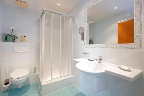 施泰因海姆格鲁伯酒店的白色的浴室设有卫生间和水槽。
