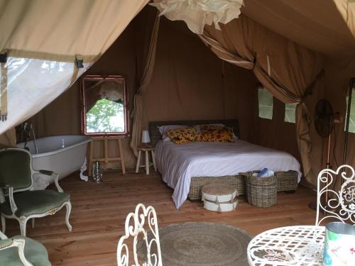 马尔赛Les Toiles de La Tortillère tentes luxes safari lodge glamping insolite的一间卧室配有一张床,帐篷内设有一个浴缸