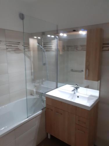 杰尔Macskafogo, tunderi szallas a belvarosban的浴室配有盥洗盆、浴缸和盥洗盆