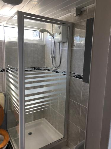 卡马森Chalet18的浴室里设有玻璃门淋浴