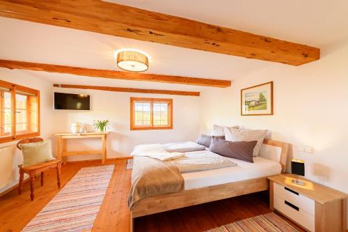 NiedersonthofenLandsitz Rocky Docky的一间带一张床的卧室,位于带木制天花板的房间内