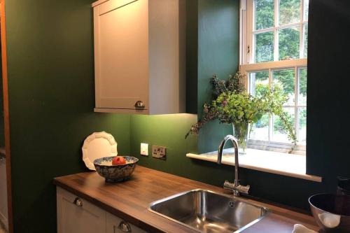 皮布尔斯Barns Bothy的厨房设有绿色的墙壁、水槽和窗户