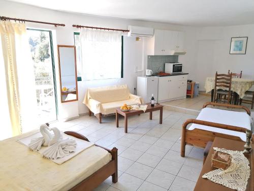 帕莱欧卡斯提撒George Michalas (Vivaria Apartments)的一间带两张床的客厅和一间厨房