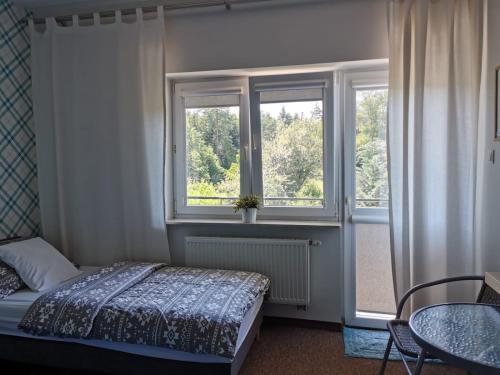 Wiśniówka MałaLeśna Villa的一间卧室设有一张床、一个窗口和一张桌子