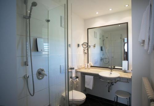 巴特瓦尔德塞Waldsee Golf-Resort的浴室配有卫生间、盥洗盆和淋浴。