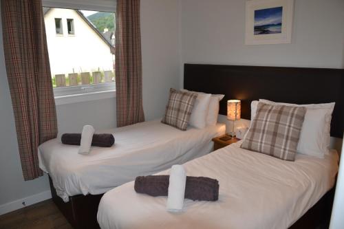格伦科Glencoe view lodge的带窗户的客房内设有两张单人床。