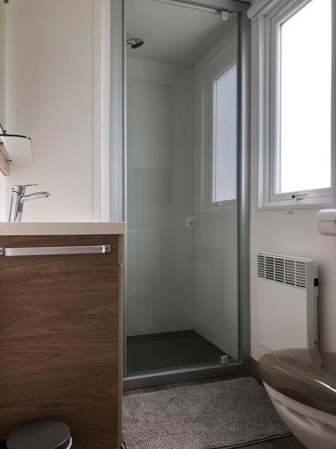 东卡佩勒Chalet Relax的一间带玻璃淋浴和水槽的浴室