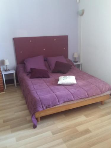 马扎梅Quai de l ' Arnette的一张大紫色床,配有紫色床单和枕头