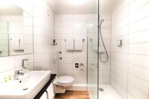 施韦青根ACHAT Hotel Schwetzingen Heidelberg的带淋浴、卫生间和盥洗盆的浴室