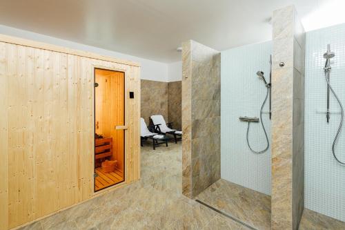 特伦钦温泉镇Apartmánový dom GRAND - Contactless Check In的带淋浴和步入式淋浴间的浴室